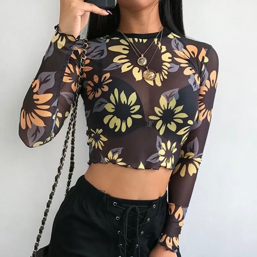 Black mesh top with floral print