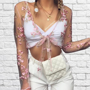 PINK FLORAL DETAIL MESH TIE TOP