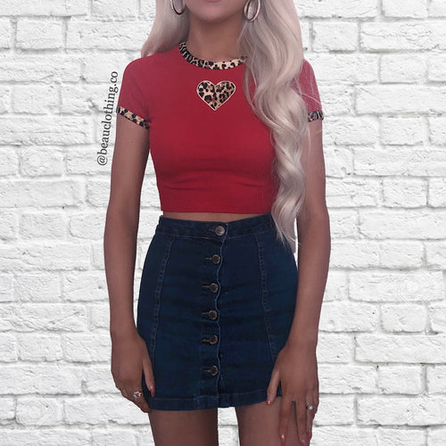 RED LEOPARD HEART DETAIL CROP TOP