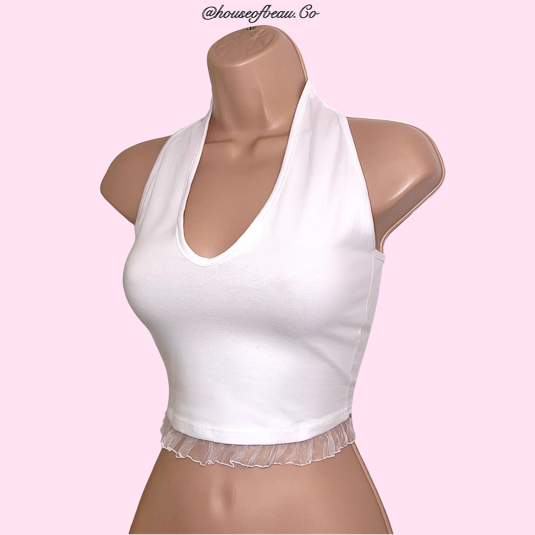 WHITE HALTER NECK FRILL MESH TRIM CROP TOP